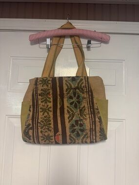 Boho Patterned Canvas Tote Bag in Tan and Green